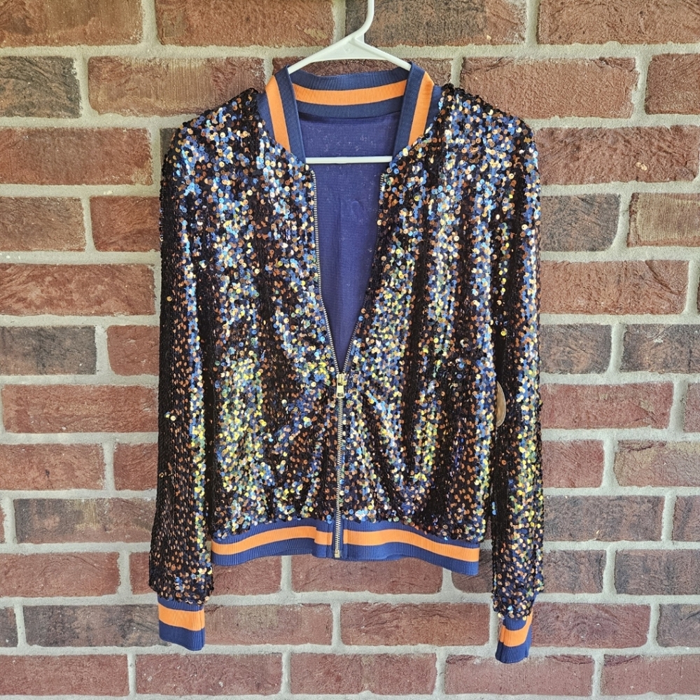 Adelaides Boutique Women SZ Medium Blue and Orange Astros Sequined Bomber Jacket